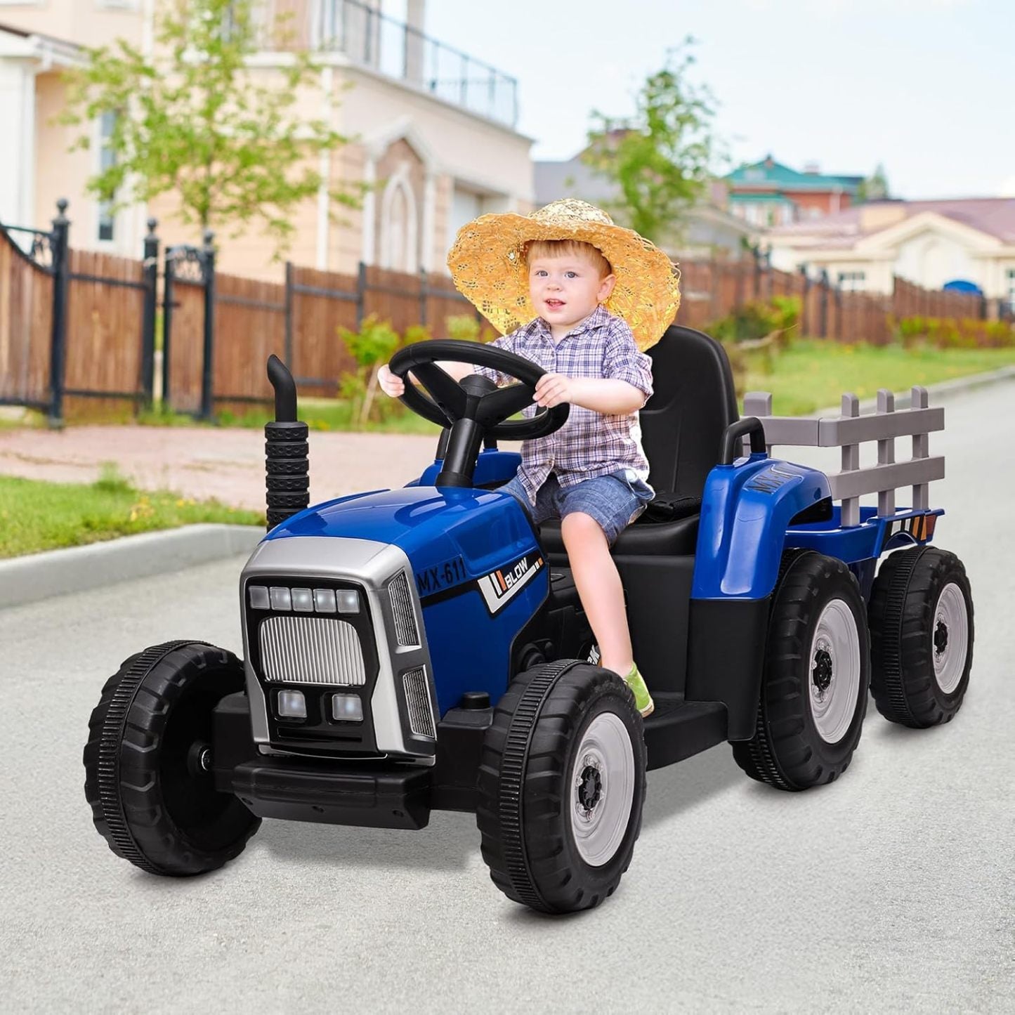 HAUSPROFI 12V 3-Gang Kinder Elektroauto mit Anhänger, Elektro Traktor 2 Fahrmodi, 2,4G-Fernbedienung, Kinder Traktor LED-Licht, Bluetooth, Musik, USB, Elektrischer Traktor für kinder ab 3 Jahren, Grün