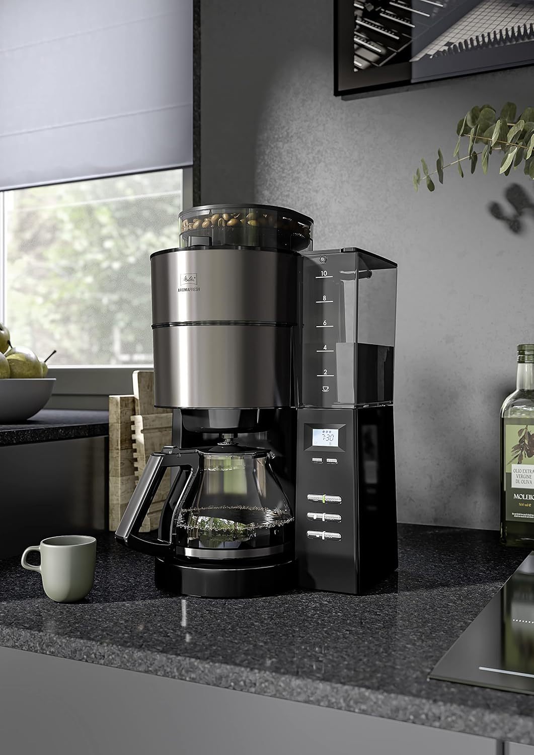 Melitta AromaFresh - Filterkaffeemaschine - mit Glaskanne - integriertes Mahlwerk - Timer Funktion - 10 Tassen - Pure Black