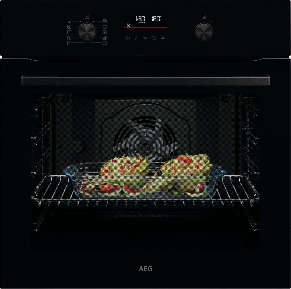 AEG Einbaubackofen – Serie 5 Ringheißluft: Gleichmäßige Garergebnisse auf 3 Ebenen – Pyrolyse Selbstreinigung – 25 Automatikprogramme – LED-Touchdisplay – Schnellaufheizung – Schwarz – BPE53516AB