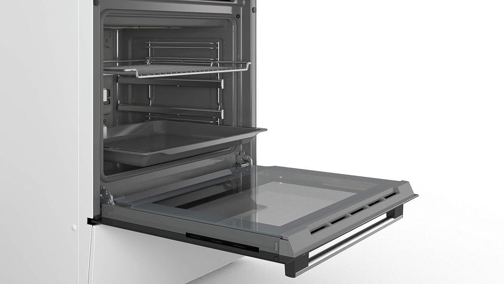 Bosch HKR39C250 Serie 4 Elektro-Standherd, 60 cm breit, EcoClean Direct Reinigungshilfe, 3D Heißluft Backen auf 3 Ebenen, LED-Display-Steuerung, erweiterbare Kochzone für großes Kochgeschirr