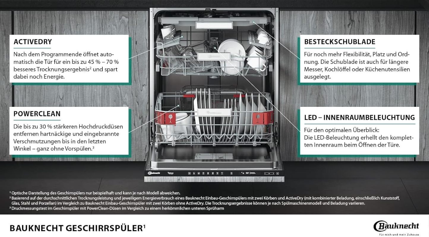 Bauknecht BUO 3O41 PLT X Unterbau-Geschirrspüler 60 cm /14 Maßgedecke /10 Standardprogramme und 1 Sensorprogramm/PowerClean/ActiveDry/Besteckschublade/Vollwasserschutz