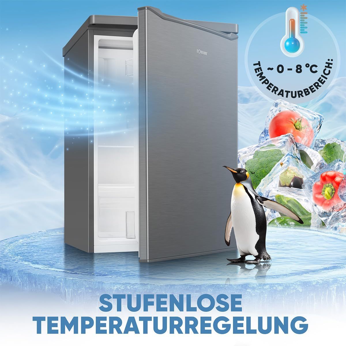 Bomann Kühlschrank mit Gefrierfach klein | Kühlschrank 2 Ablagen | leise | mit 4-Sterne Gefrierfach | Kühlschrank klein mit Obst- und Gemüsefach | Türanschlag wechselbar | KS 7251 inox